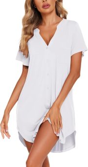 Cotton Nightgowns for Women Short Sleeve Button Down Sleepshirt Soft Lounge Dress - Image 2