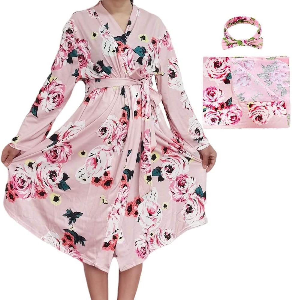 6191R216rPL._AC_SL1000_.jpg Maternity Robe and Matching Baby Swaddle Blanket Set, Mommy Robe with Receiving Blanket Girls Boys Sleepwear - Image 1