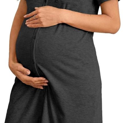 Women’s Labor and Delivery Night Gown for Maternity Short Sleeve V Neck Open Front Shirt Dress with Buttons