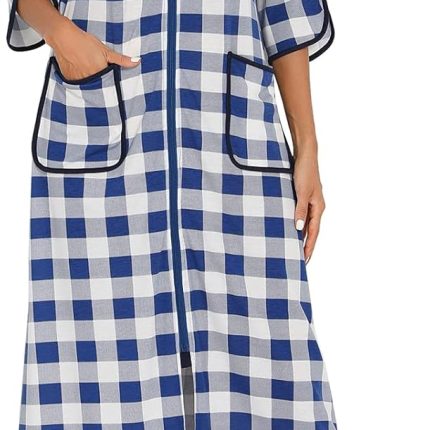 Women Zipper Robe Women Half Sleeve Bathrobe Full Length Ladies Stripe Housecoat with Pockets S-3XL
