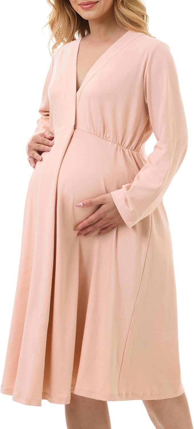 61voCPqU1L._AC_SL1500_.jpg Womens Nursing Maternity Nightgown for Breastfeeding, Labor and Delivery Gown, Long Sleeve Postpartum Night Gown - Image 1