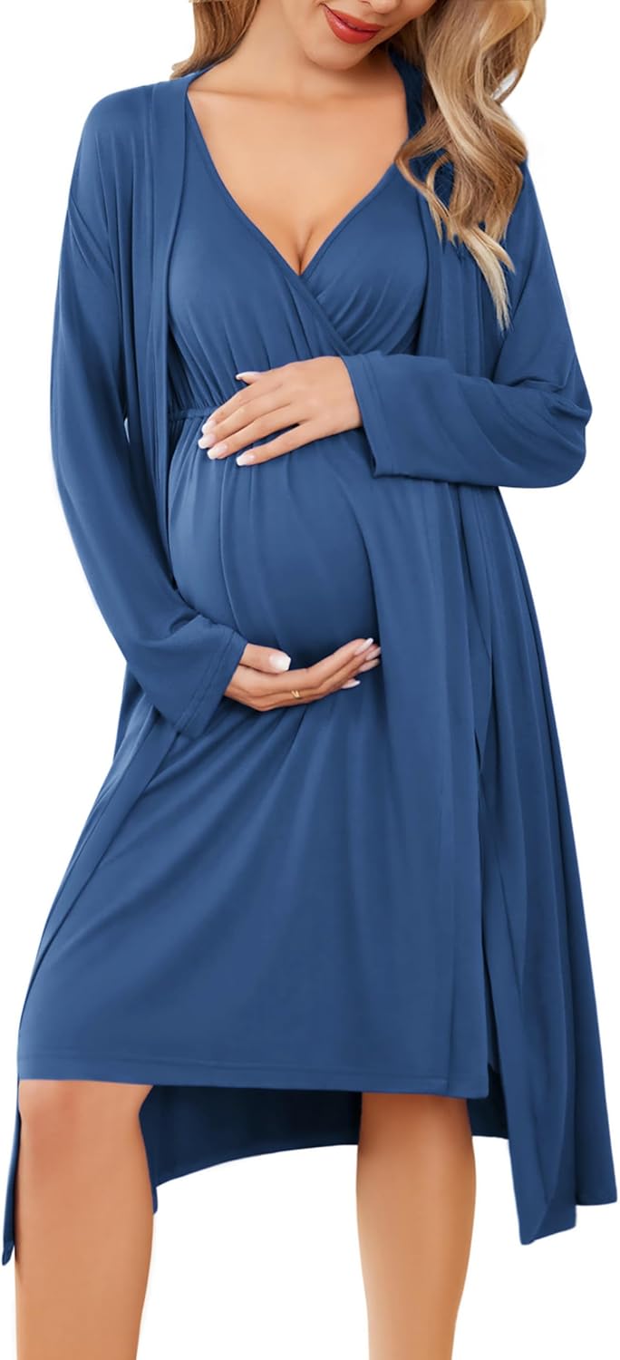 710EuhFXL1L._AC_SL1500_.jpg Maternity Nursing Gown and Robe Set Labor Delivery Nursing Nightgowns for Breastfeeding Pregnancy Clothes - Image 1