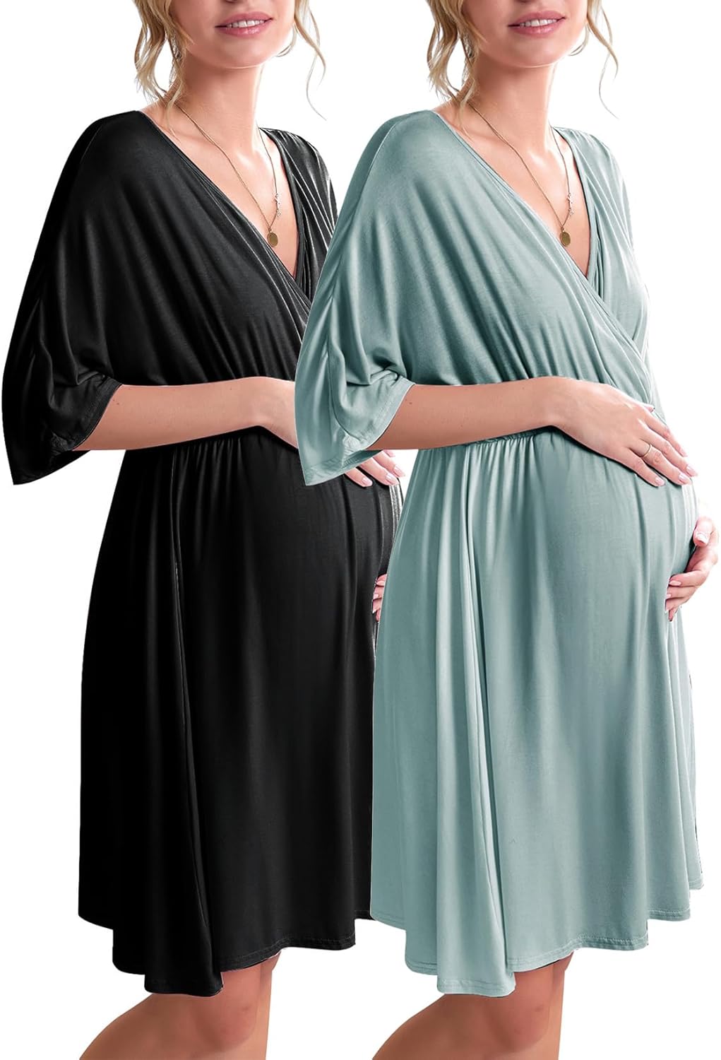 71NYUWNt7L._AC_SL1500_.jpg 3 in 1 Labor/Delivery/Hospital Gown 2 Pack Maternity Dress Nursing Nightgown Sleepwear - Image 1