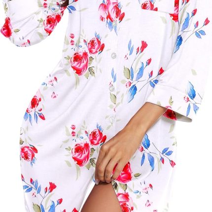 Women's Nightgown V Neck Striped Button Down Sleepwear 3/4 Sleeves Nightshirts Soft Button Sleep Dress S-XXL