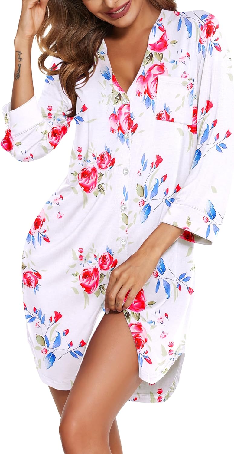 71hN1XJKGuL._AC_SL1500_.jpg Women's Nightgown V Neck Striped Button Down Sleepwear 3/4 Sleeves Nightshirts Soft Button Sleep Dress S-XXL - Image 1