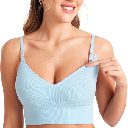 Ribbed Wireless Nursing Bras for Breastfeeding Longline Maternity Sleep Bra V Neck Comfort