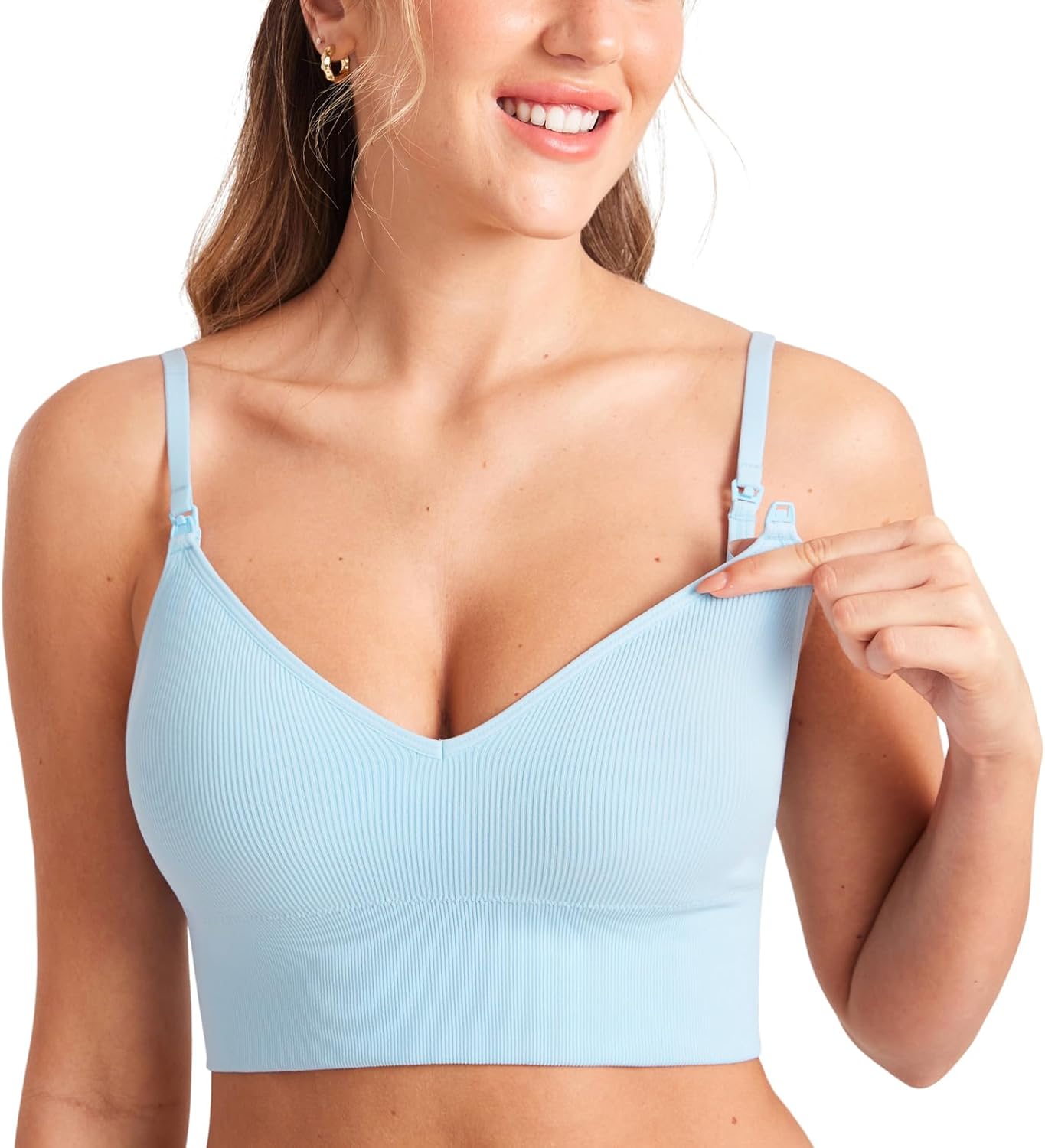 71ms8IP1qeL._AC_SL1500_.jpg Ribbed Wireless Nursing Bras for Breastfeeding Longline Maternity Sleep Bra V Neck Comfort - Image 1