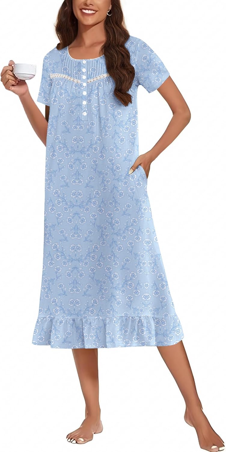71yp4DAn3iL._AC_SL1500_.jpg Cotton Nightgowns for Women Long Button Night Gowns Short Sleeve House Dress with Pockets Victorian Sleepwear - Image 1
