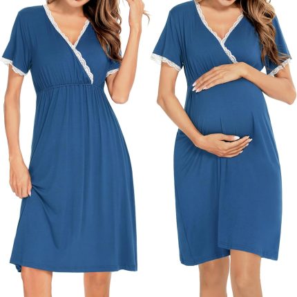 Women 3 in 1 Delivery/Labor/Nursing Nightgown Short Sleeve Pleated Maternity Sleepwear for Breastfeeding