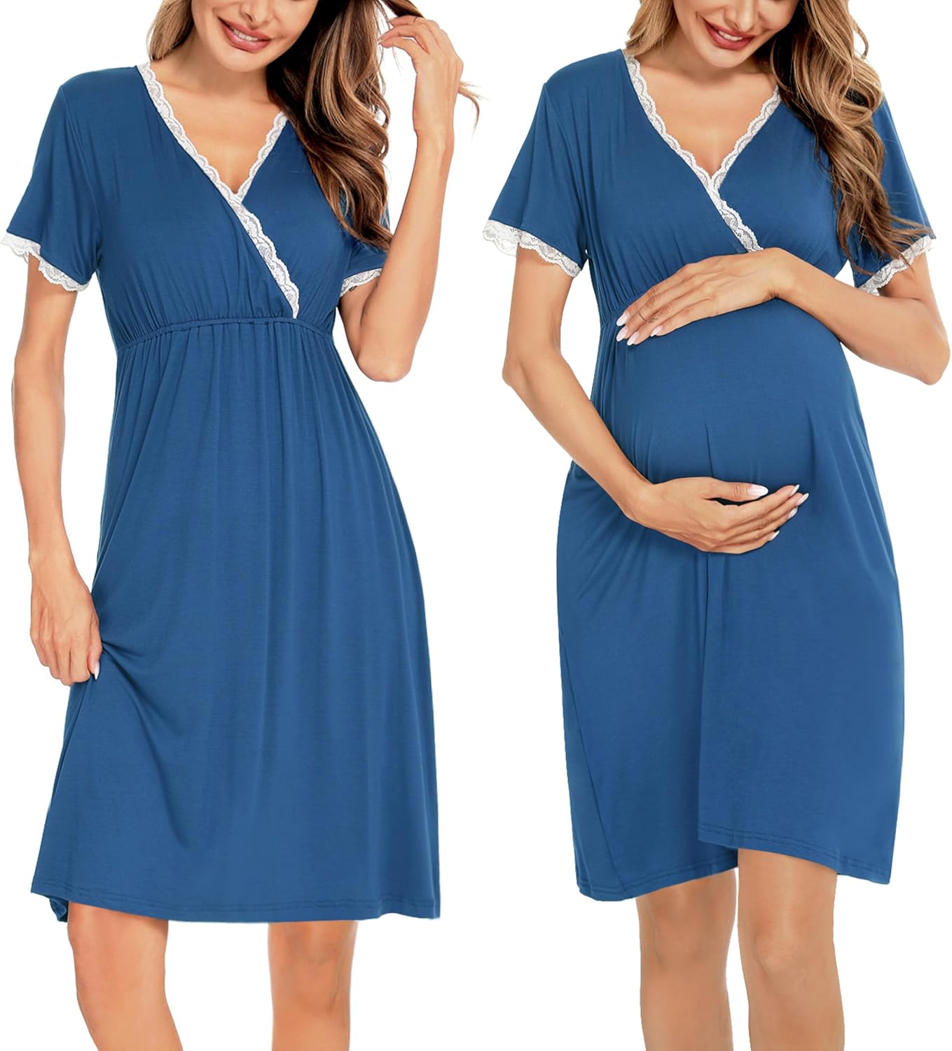 81zZGb2KheL._AC_SL1500_.jpg Women 3 in 1 Delivery/Labor/Nursing Nightgown Short Sleeve Pleated Maternity Sleepwear for Breastfeeding - Image 1